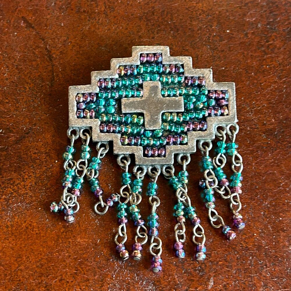 Chico's Blue Purple Beaded Tasseled Southwest Style Brooch Signed